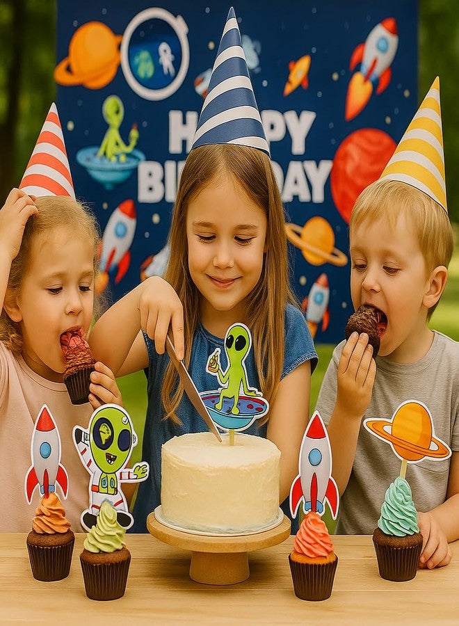 pixelfox مجموعة تزيين كب كيك بتصميم الفضاء من بيكسلفوكس - 30 قطعة من مستلزمات حفلات أعياد الميلاد على شكل صاروخ ورائد فضاء | مجموعة تزيين كب كيك على شكل مجرة للأطفال | مجموعة تزيين كيك على شكل كوكب في الفضاء الخارجي - Image 3